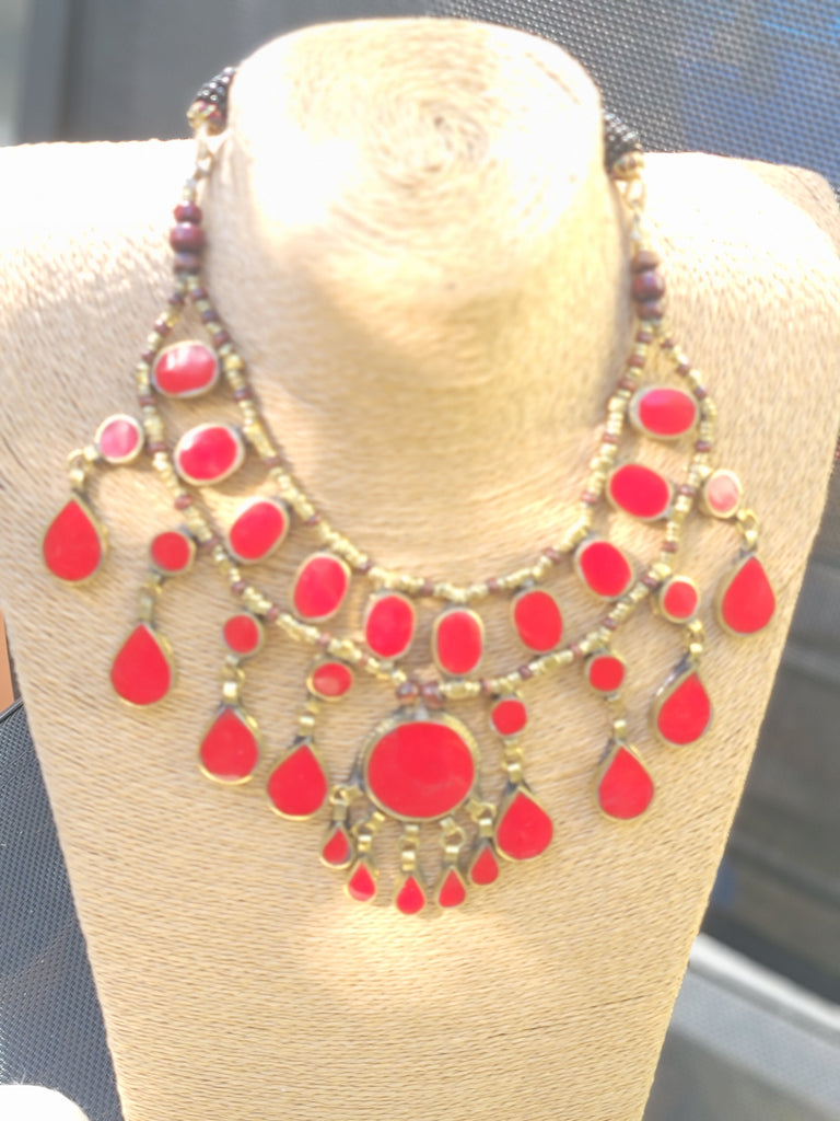Red Tribal Afghan Necklace - Aimeescloset.com