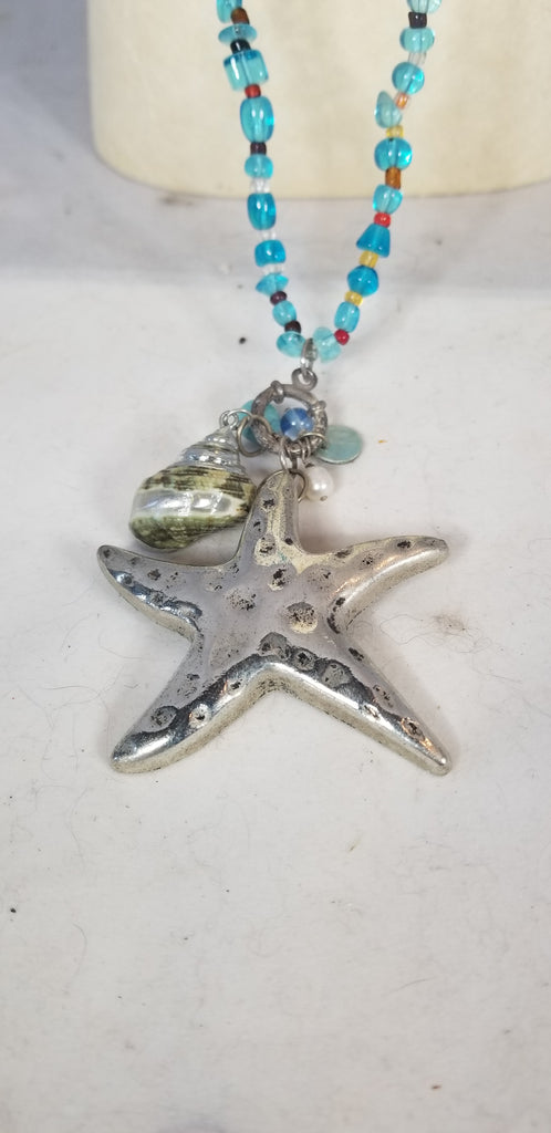 Hammered Silver Starfish and Teal Glass Necklace - Aimeescloset.com
