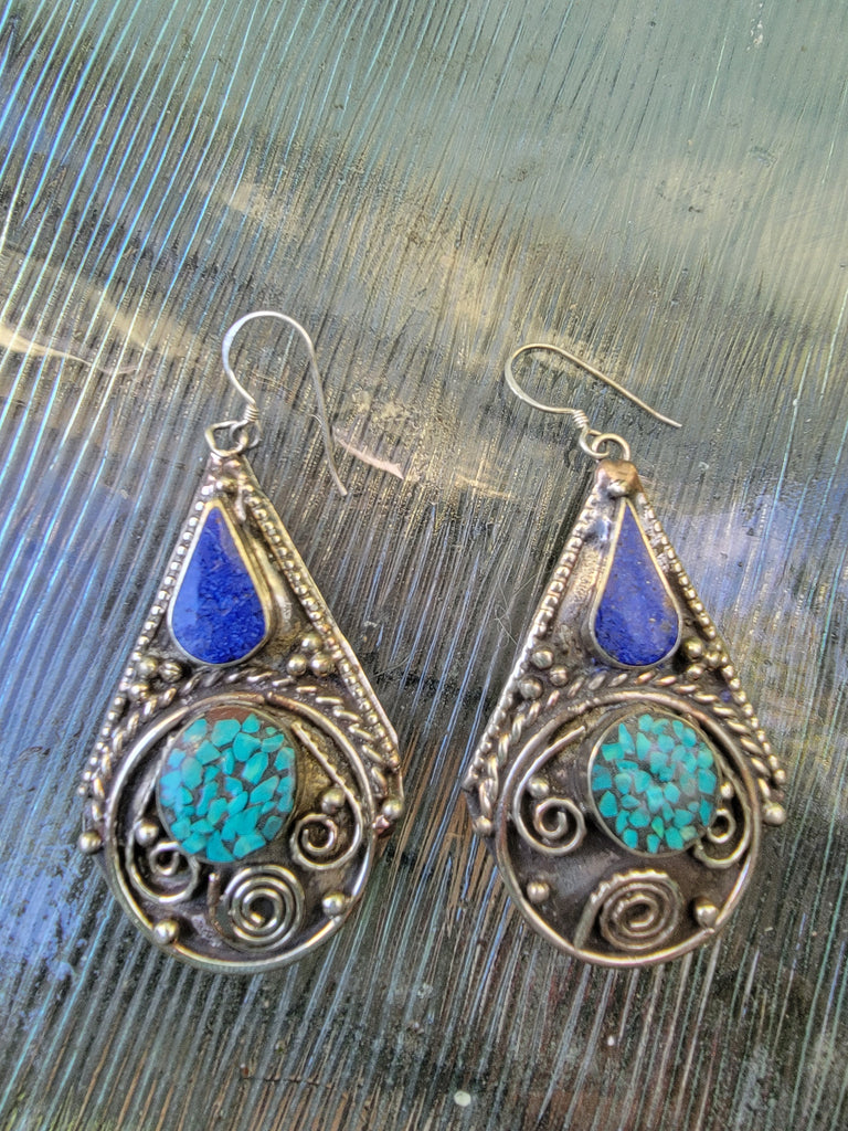Lapis and Turquoise Tibetan Earring - Aimeescloset.com