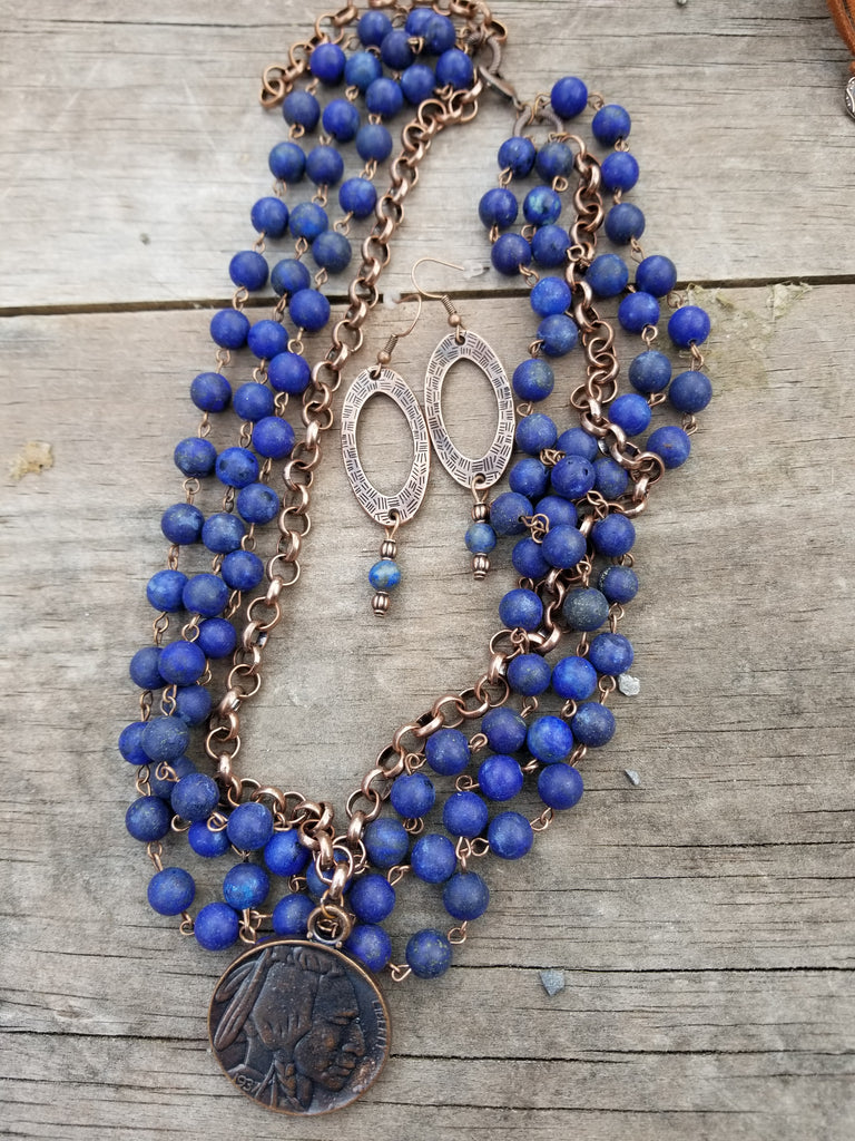 Triple Strand Frosted Lapis Necklace with Buffolo nickel Pendant - Aimeescloset.com