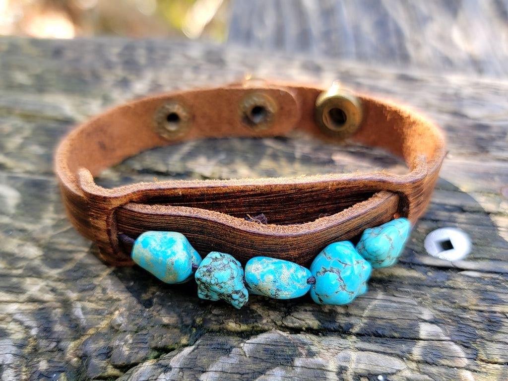 Dusty Leather Narrow Cuff Turquoise Bracelet - Aimeescloset.com